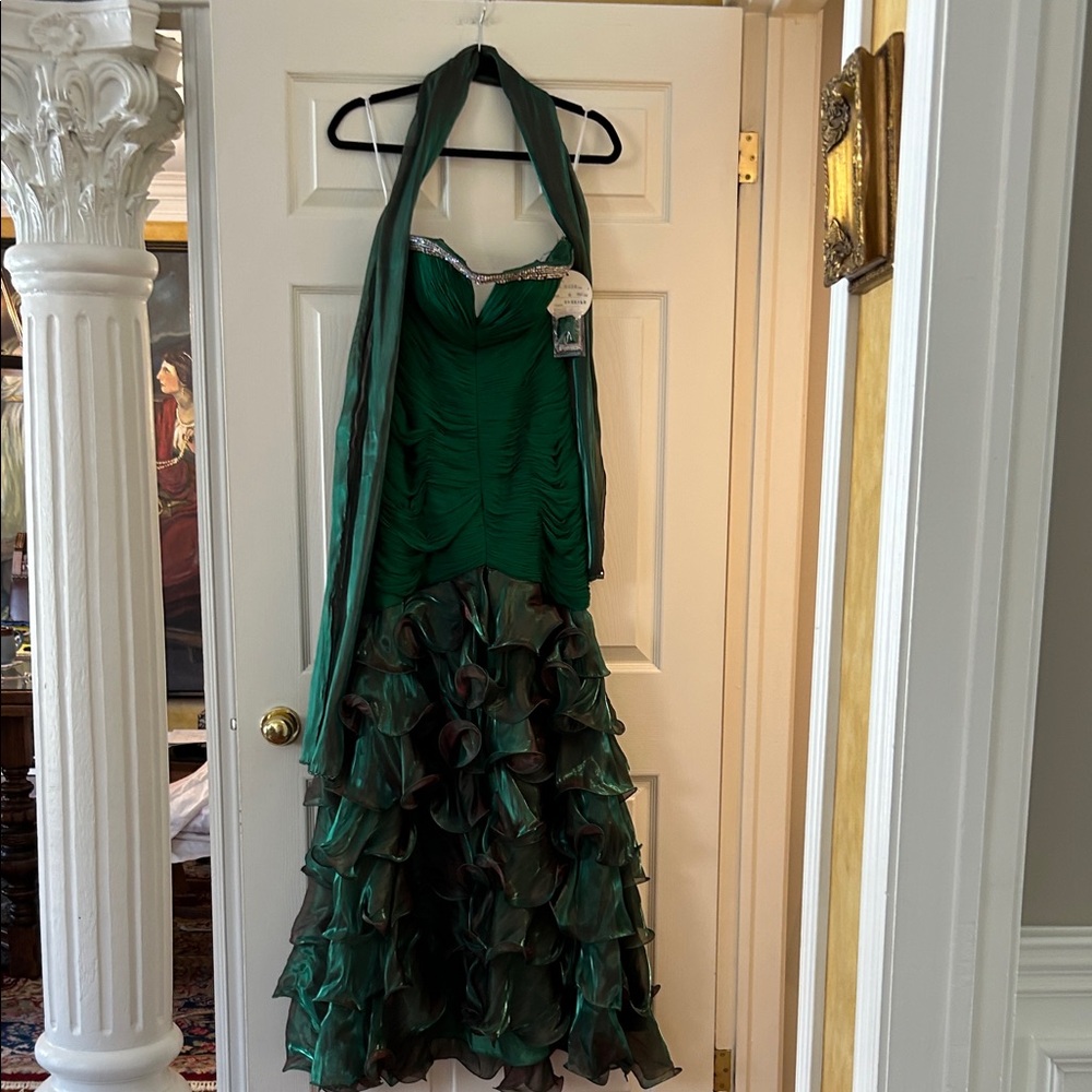 Halter Emerald Green Ruffled Prom Dress with Beaded Accents